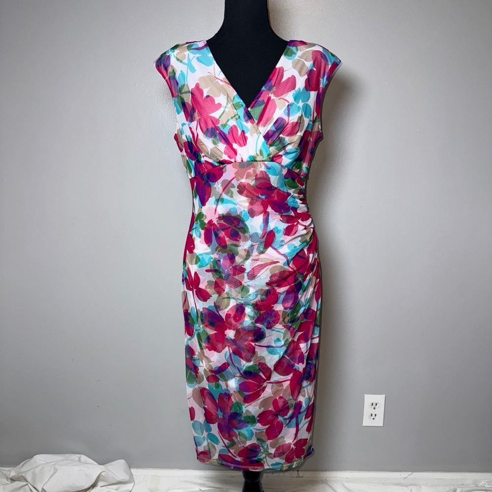 London Times Floral Mesh Sheath Dress Pink Blue V-Neck Ruched Midi Size 10